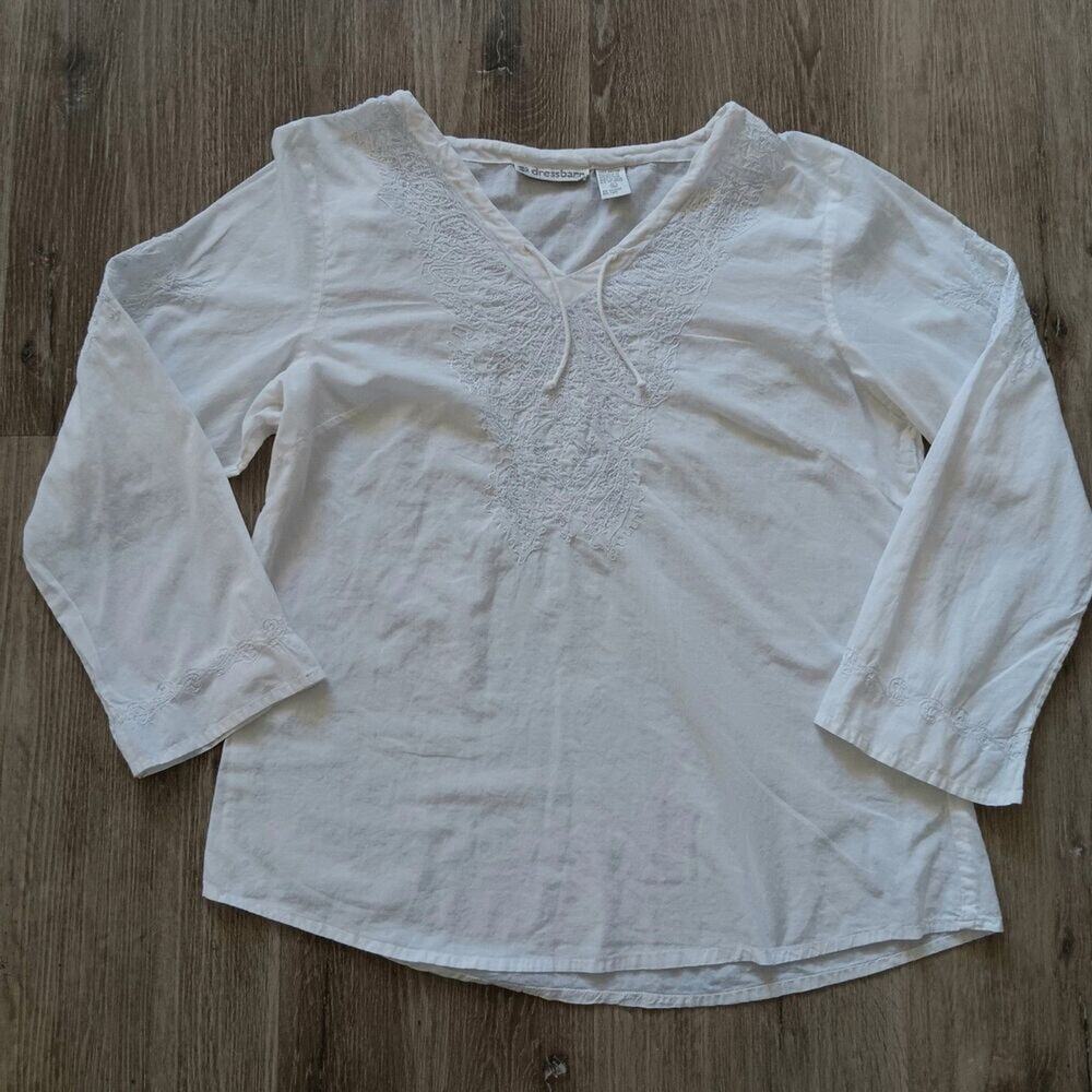 Dressbarn Floral Embroidery White Cotton Top Women XL Vneck Long Sleeve Peasant